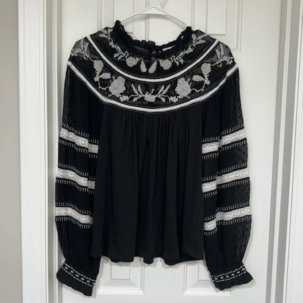 Anthropologie Black and White Embellished Boxy Blouse